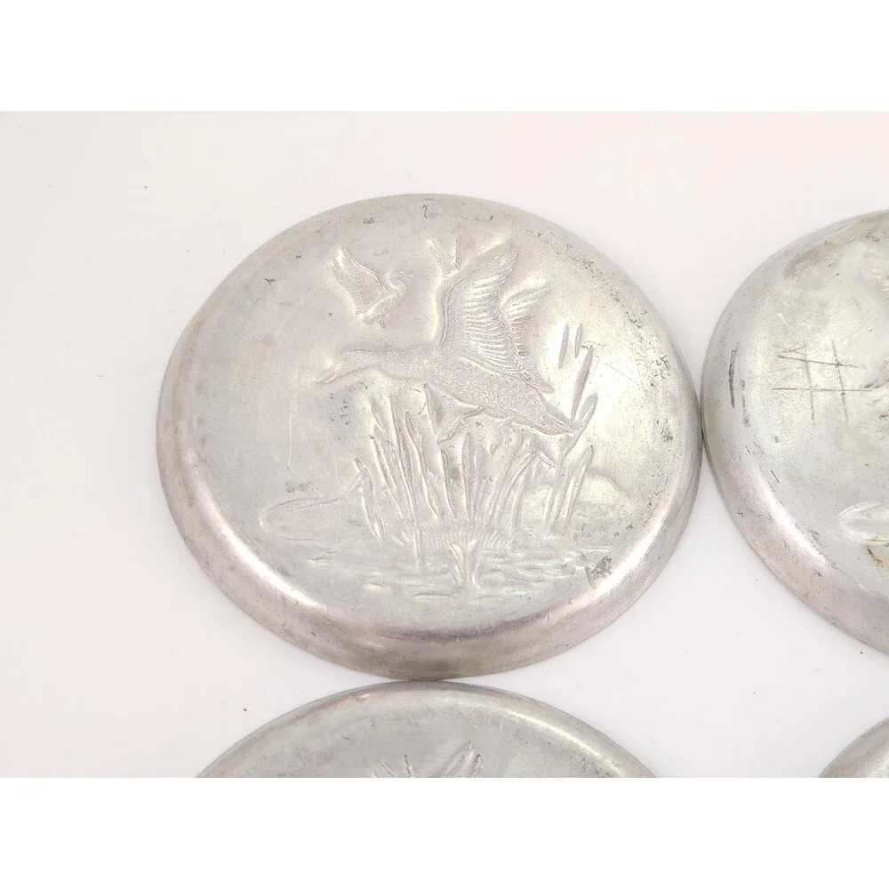 Vintage Stamped Aluminum Coasters Set of 4 Flying Mallard Ducks Marsh Cabin MCM